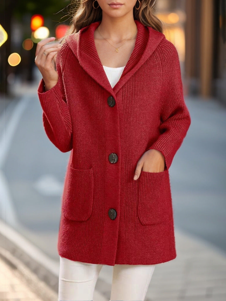 Damen nan lange gerippte Kapuzen-Strickjacke mit aufgesetzten Taschen und markanten Knöpfen EB