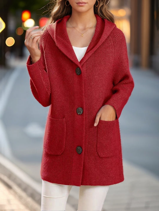 Damen nan lange gerippte Kapuzen-Strickjacke mit aufgesetzten Taschen und markanten Knöpfen EB
