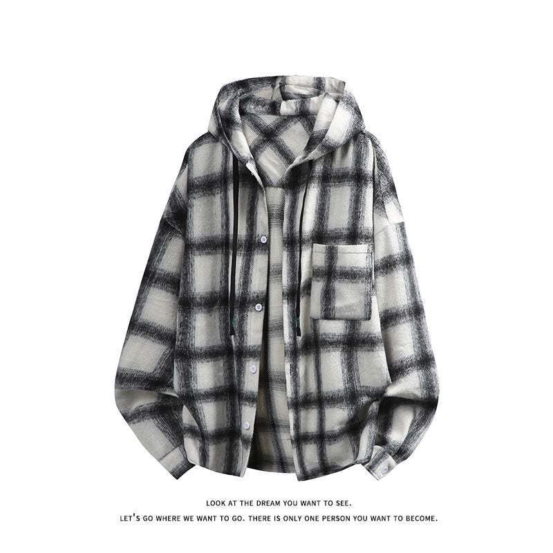 Unisex nan oversized Kapuzen-Hemdjacke aus Flanell mit Karomuster und Brusttasche EB