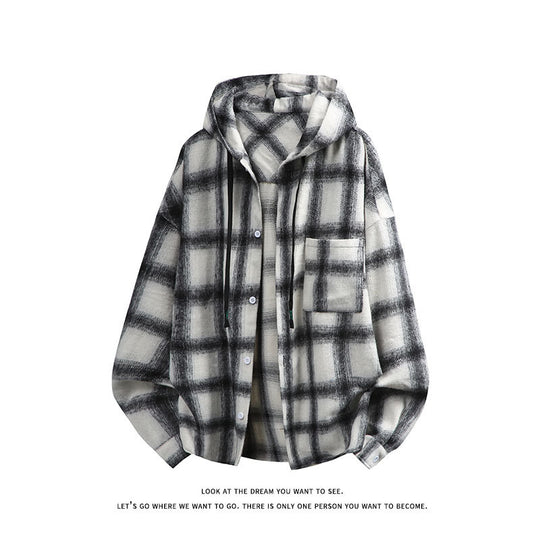 Unisex nan oversized Kapuzen-Hemdjacke aus Flanell mit Karomuster und Brusttasche EB