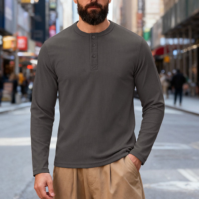 Herren nan Thermo-Henley-Langarmshirt mit Waffelstruktur, Rundhalsausschnitt und Knopfleiste EB