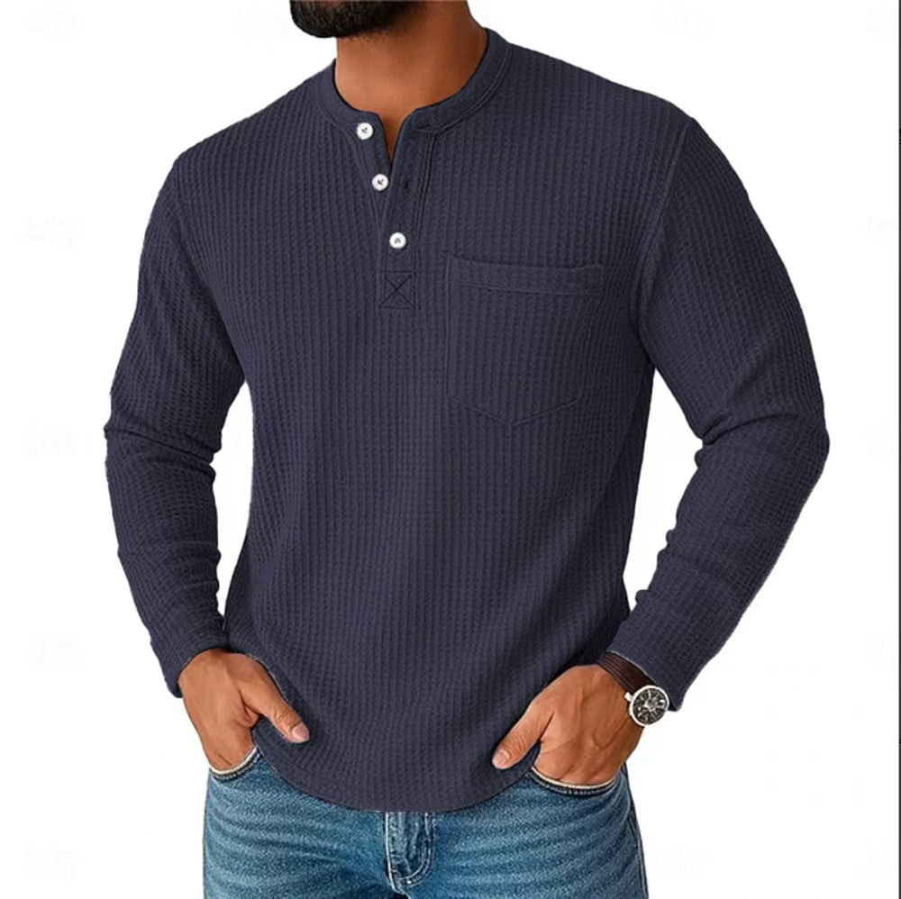 Herren nan Langarm Henley mit Waffelstruktur und Brusttasche thermisches Langarmshirt EB