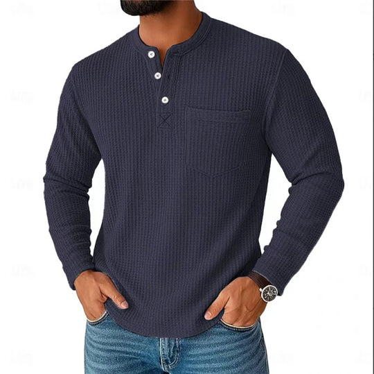 Herren nan Langarm Henley mit Waffelstruktur und Brusttasche thermisches Langarmshirt EB