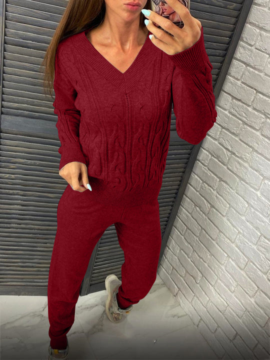 Damen gemütlicher Strickanzug mit V-Ausschnitt und Zopfdesign EB