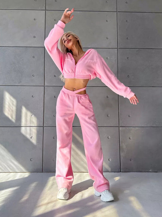 Damen Cropped Fleece-Set mit kurzem Zip-Hoodie und hoher Taillen-Jogginghose EB