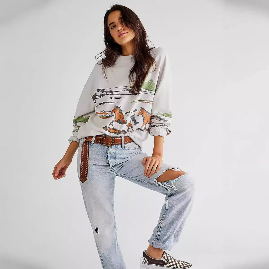 Damen Sweatshirt mit kreativer Pferdemotiv-Grafik und lässigem Schnitt EB