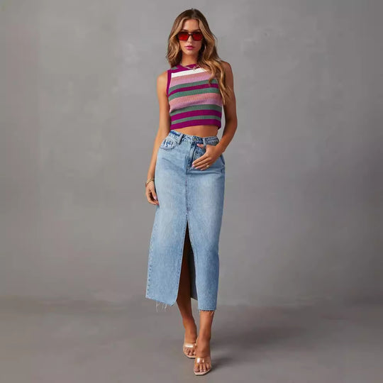 Damen Lässiger Denim Rock mit seitlichem Schlitz und fransigem Saum EB