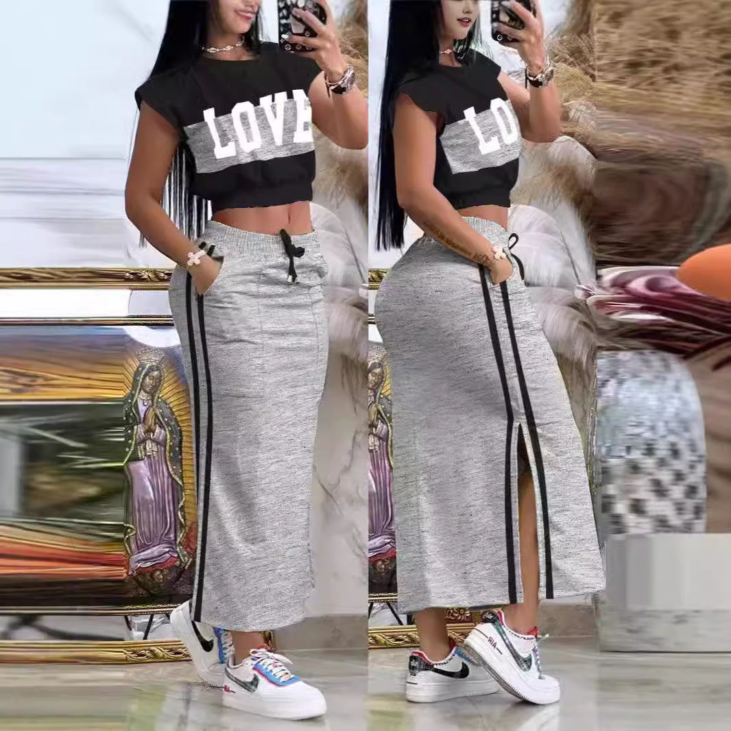Damen Sportliches Crop-Top und Maxirock Set EB