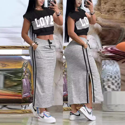 Damen Sportliches Crop-Top und Maxirock Set EB