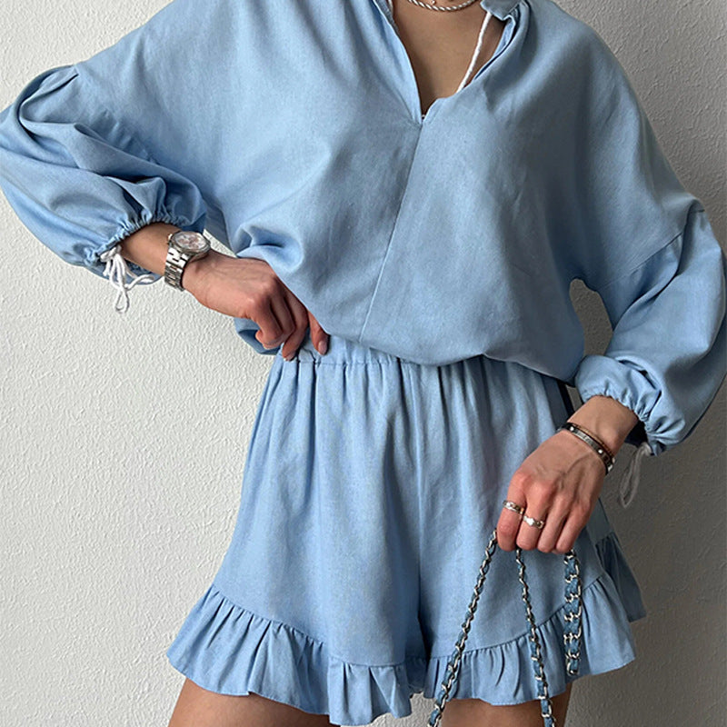 Damen stilvolles Blusenshorts-Set mit Rüschendetails EB