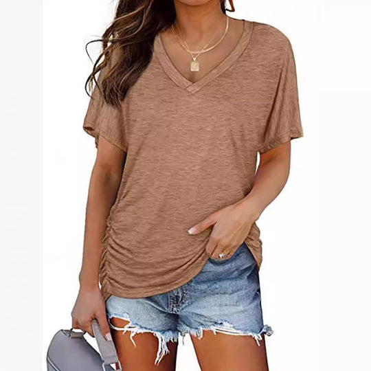 Damen V-Ausschnitt T-Shirt mit dekorativem Raffungseffekt EB