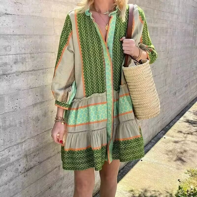Damen Langarmhemdkleid mit elegantem Muster und Rüschensaum EB