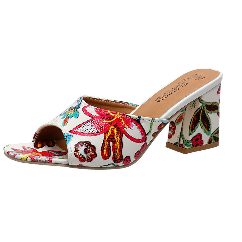 Damen offene Blockabsatz-Sandalen mit floralem Design EB