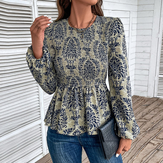 Damen Elegante Bluse mit raffiniertem Floral-Design und Puffärmeln EB