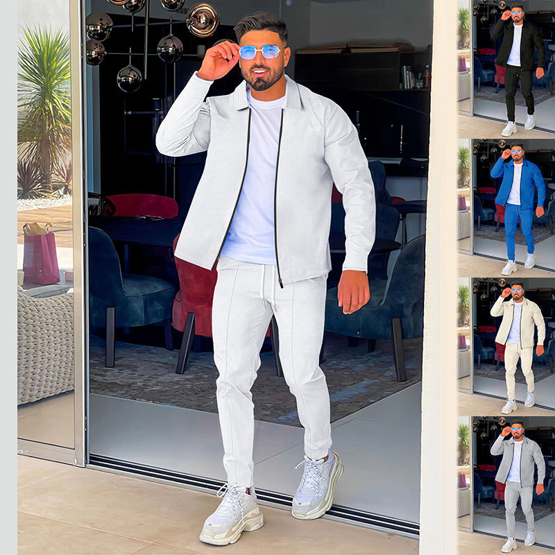 Herren Strukturiertes Waffel-Loungewear-Set mit Kragen-Halbzip & Kordelzughose EB