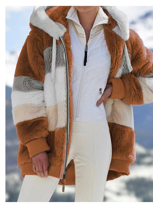 Damen Modische und warme Fleecejacke mit Kapuze und blockartigem Design EB
