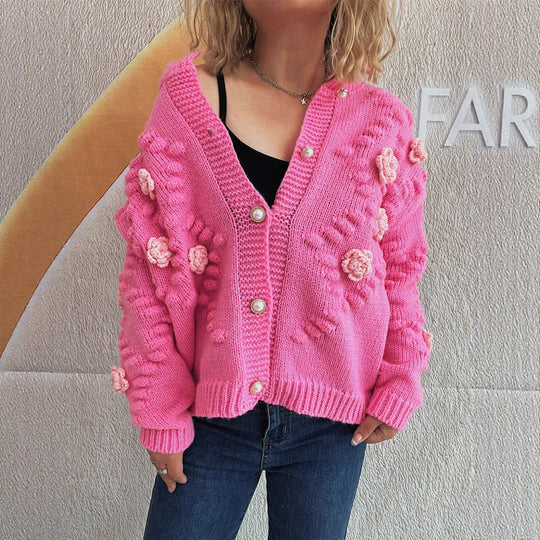 Damen Strickjacke mit floralen Applikationen und komfortablem Schnitt EB