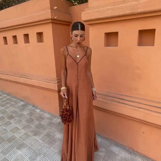 Damen Maxi-Kleid mit feinen Knopfdetails und zartem V-Ausschnitt EB