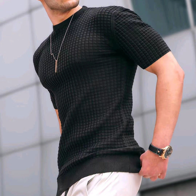 Herren nan Waffelstruktur-Kurzarm-Strickshirt mit schmaler Passform und elastischem Rippsaum EB