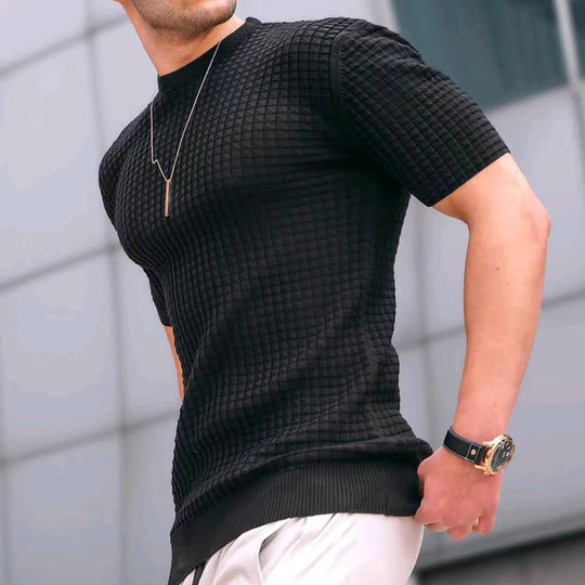 Herren nan Waffelstruktur-Kurzarm-Strickshirt mit schmaler Passform und elastischem Rippsaum EB