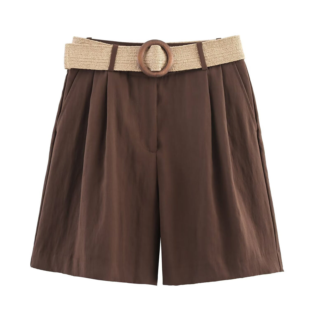 Damen elegante Shorts mit breitem, geflochtenem Gürtel EB