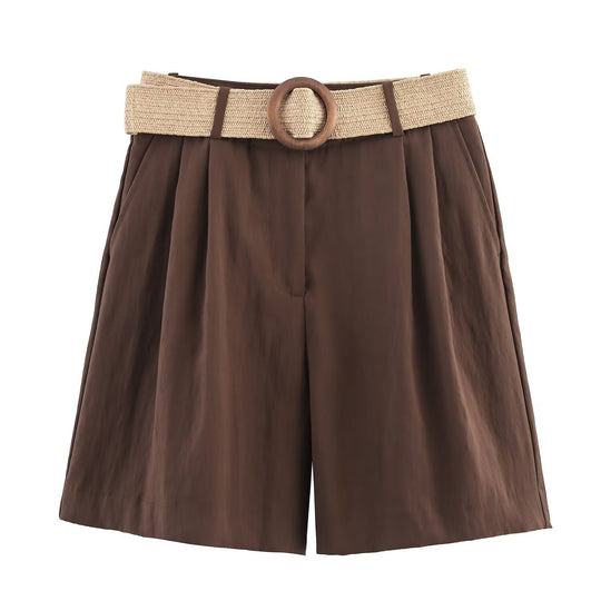 Damen elegante Shorts mit breitem, geflochtenem Gürtel EB