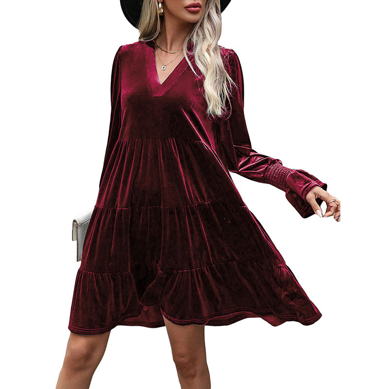 Damen V-Ausschnitt Mini-Kleid mit voluminösen Ärmeln und Rüschendesign EB