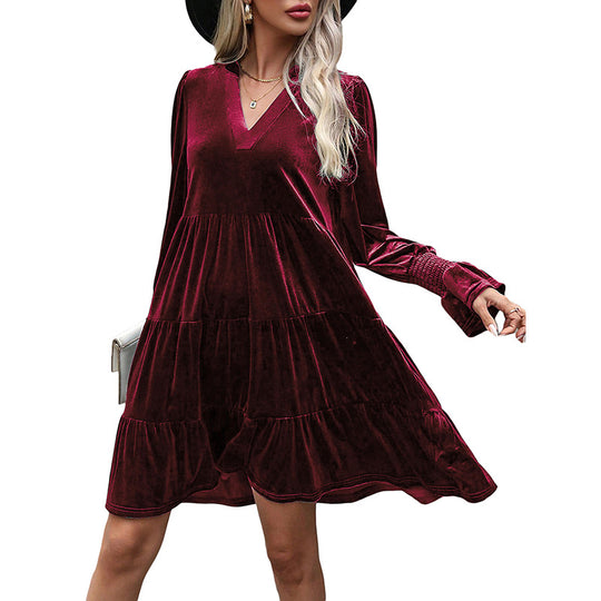 Damen V-Ausschnitt Mini-Kleid mit voluminösen Ärmeln und Rüschendesign EB