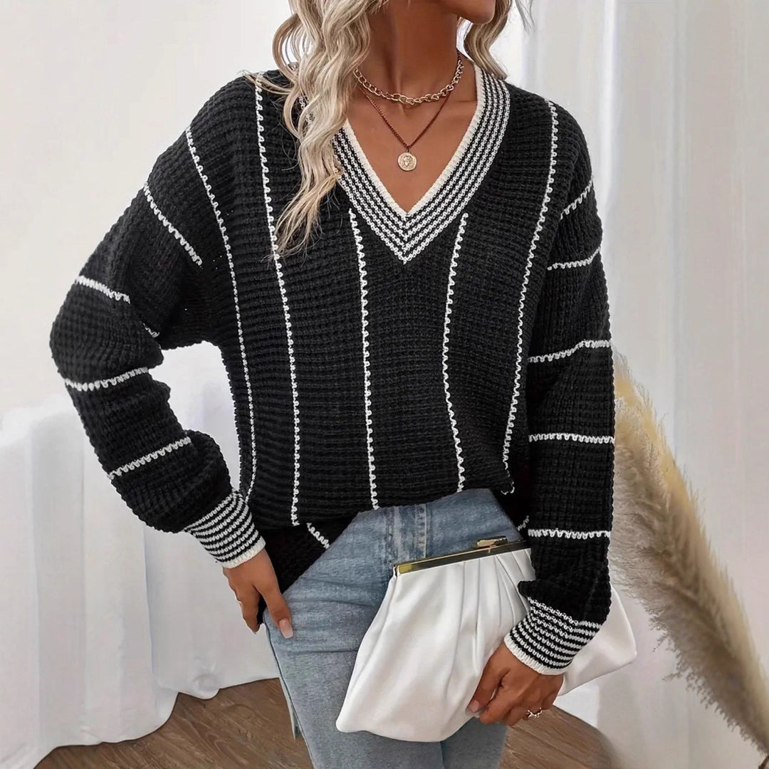 Damen grober Strickpullover mit eleganter V-Ausschnittgestaltung und modischem Streifenmuster EB