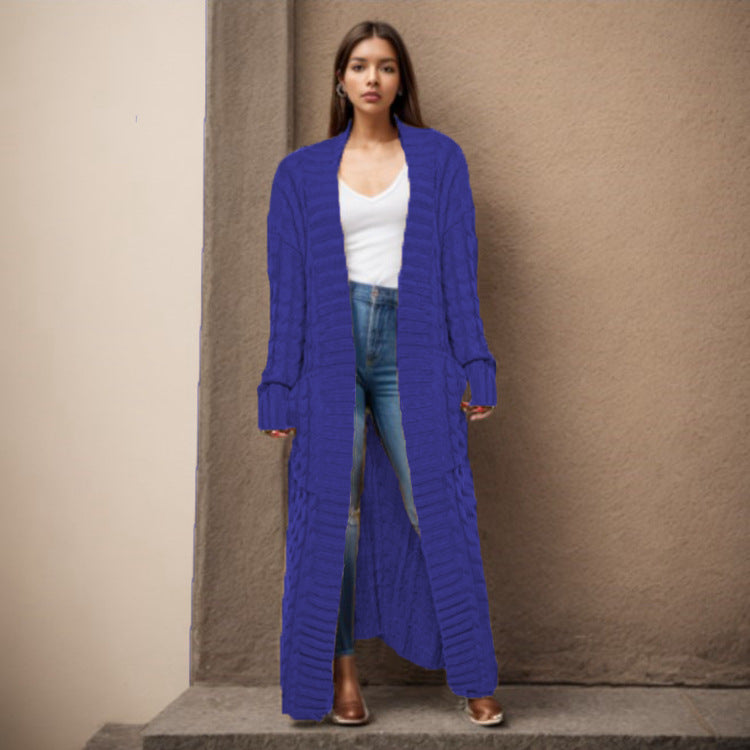 Damen Langer Strickcardigan mit raffiniertem Zopfdesign und praktischen Taschen EB
