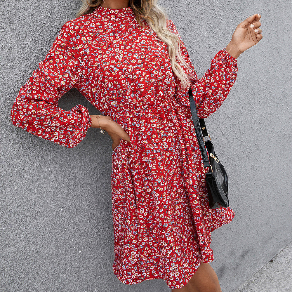 Damen florales Midikleid mit hochgeschlossenem Kragen und Taillengürtel EB