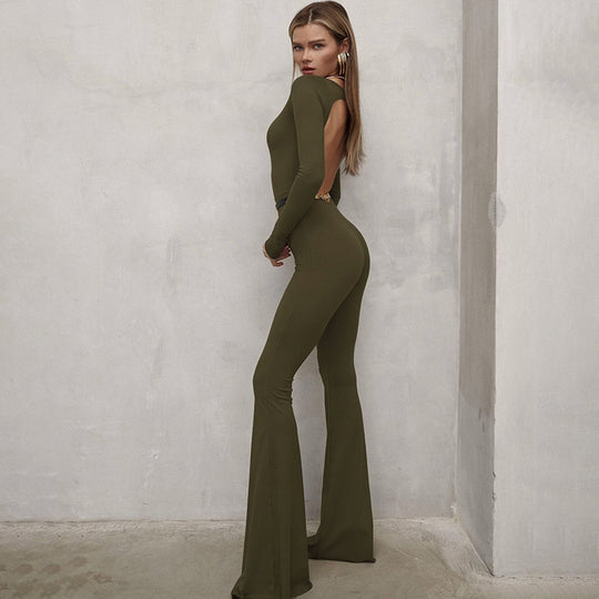 Damen Figurbetonter Jumpsuit mit offener Rückenpartie und weitem Bein EB