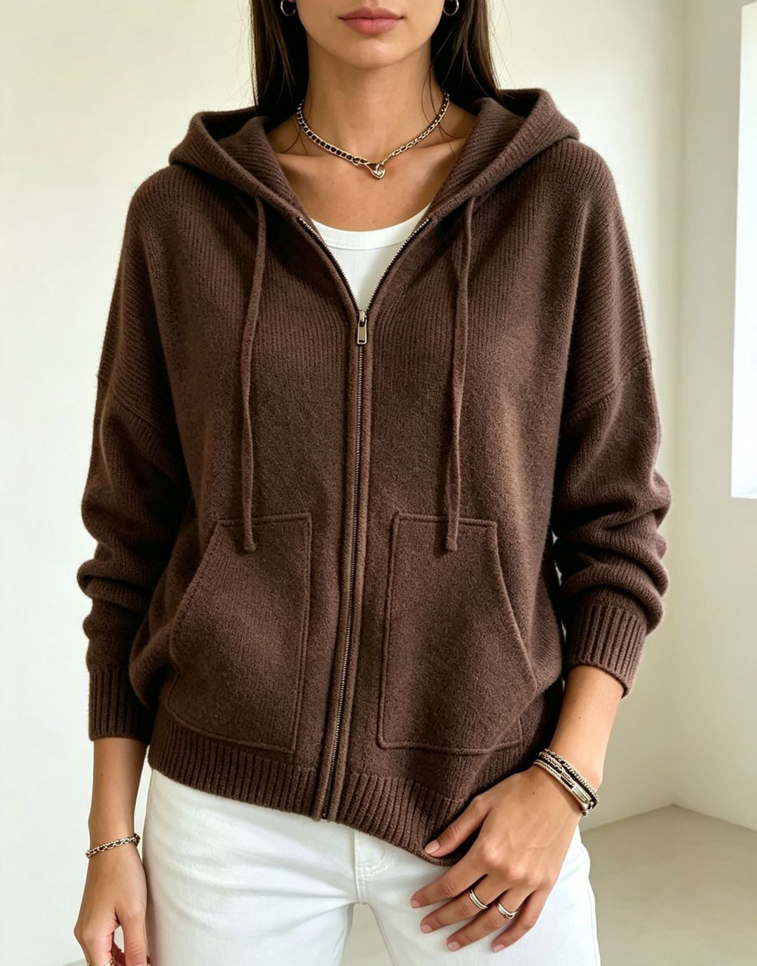 Damen Kapuzen-Wollmix Zip-Cardigan mit kastiger Passform und Kängurutaschen EB