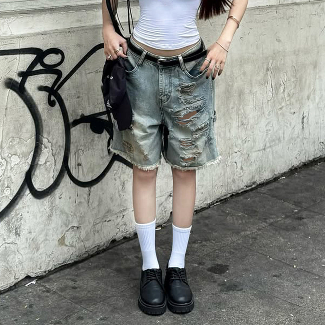 Damen Destroyed Denim-Shorts mit hohem Bund und ausgefransten Säumen EB