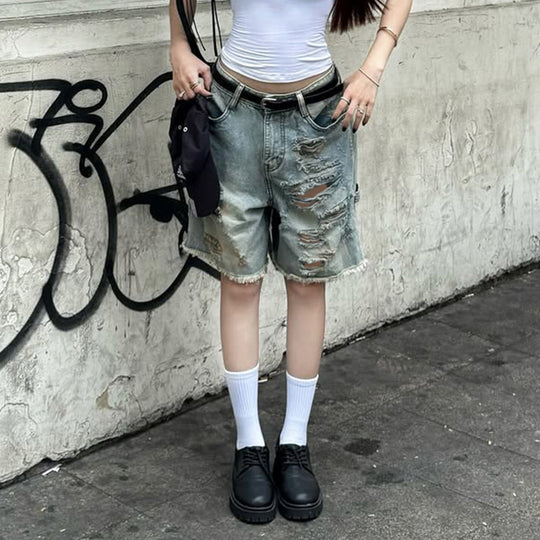 Damen Destroyed Denim-Shorts mit hohem Bund und ausgefransten Säumen EB