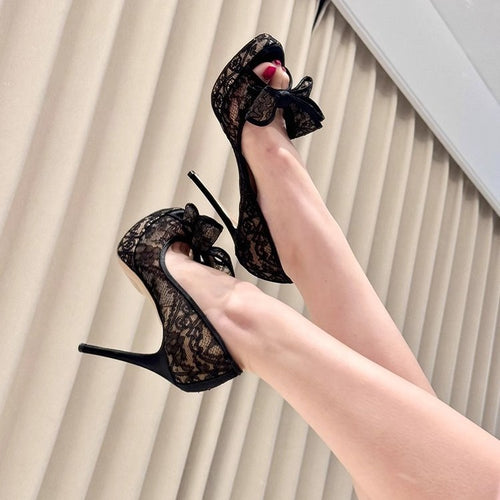 Damen Spitzen High Heel Pumps mit Schleifenakzent EB