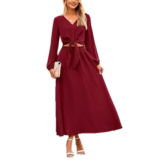 Damen Binde-Kleid mit langen Ärmeln und Rundhalsausschnitt EB