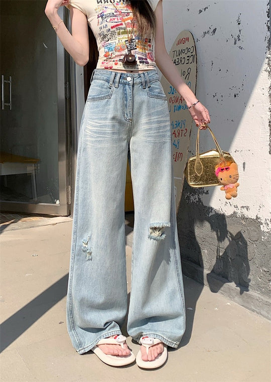 Damen Weite Denim-Jeans im lässigen Vintage-Stil mit modischen Rissen EB