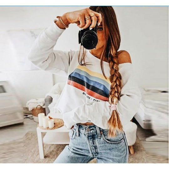 Damen Off-Shoulder Sweatshirt mit Retro-Bandprint und lockerer Cropped-Passform EB