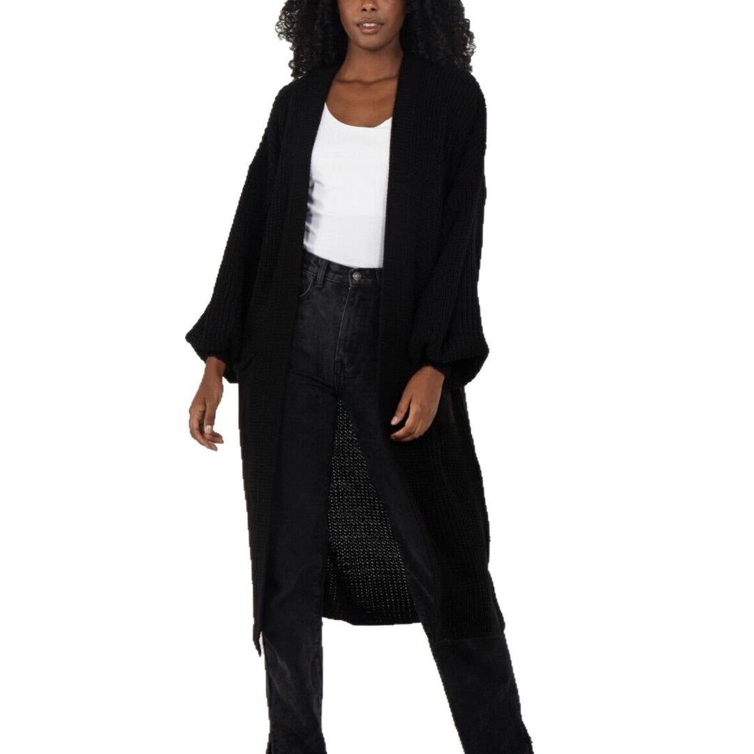 Damen Langer Strickcardigan mit voluminösen Ärmeln und offenem Schnitt EB