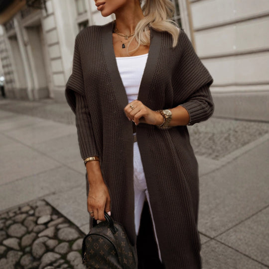 Damen modische Langarm Strickjacke mit offenem Schnitt und Waffelmuster EB