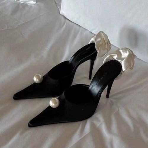 Damen stilvolle High Heel Mules mit zarter Blumenapplikation EB