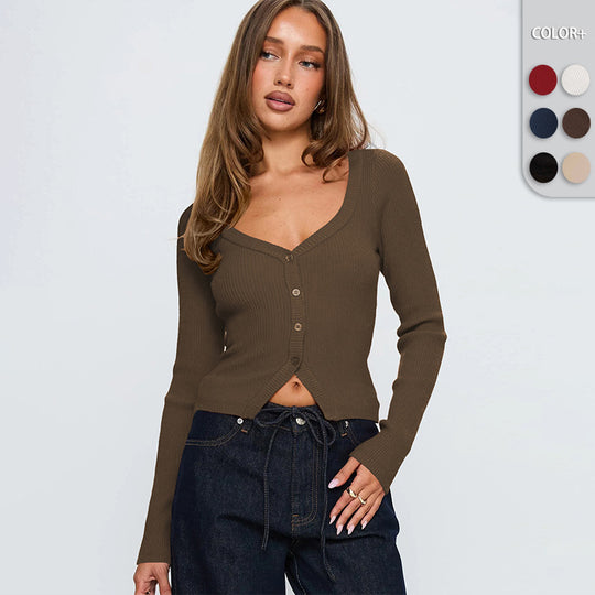 Damen Elegantes Ripp-Cardigan mit V-Ausschnitt und Knopfleiste EB