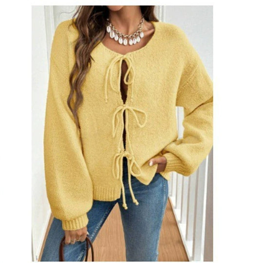 Damen Strickpullover mit dekorativem Schnürdesign und lässigen Ballonärmeln EB