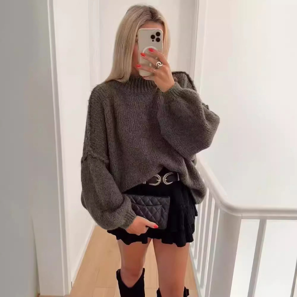 Damen lockerer Strickpullover mit hohem Kragen und überschnittenen Schultern EB