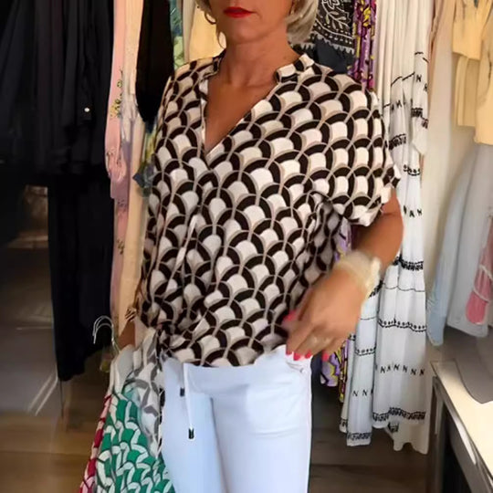 Damen Kurzarm Bluse im modernen Wellenmuster Heidi-Mode