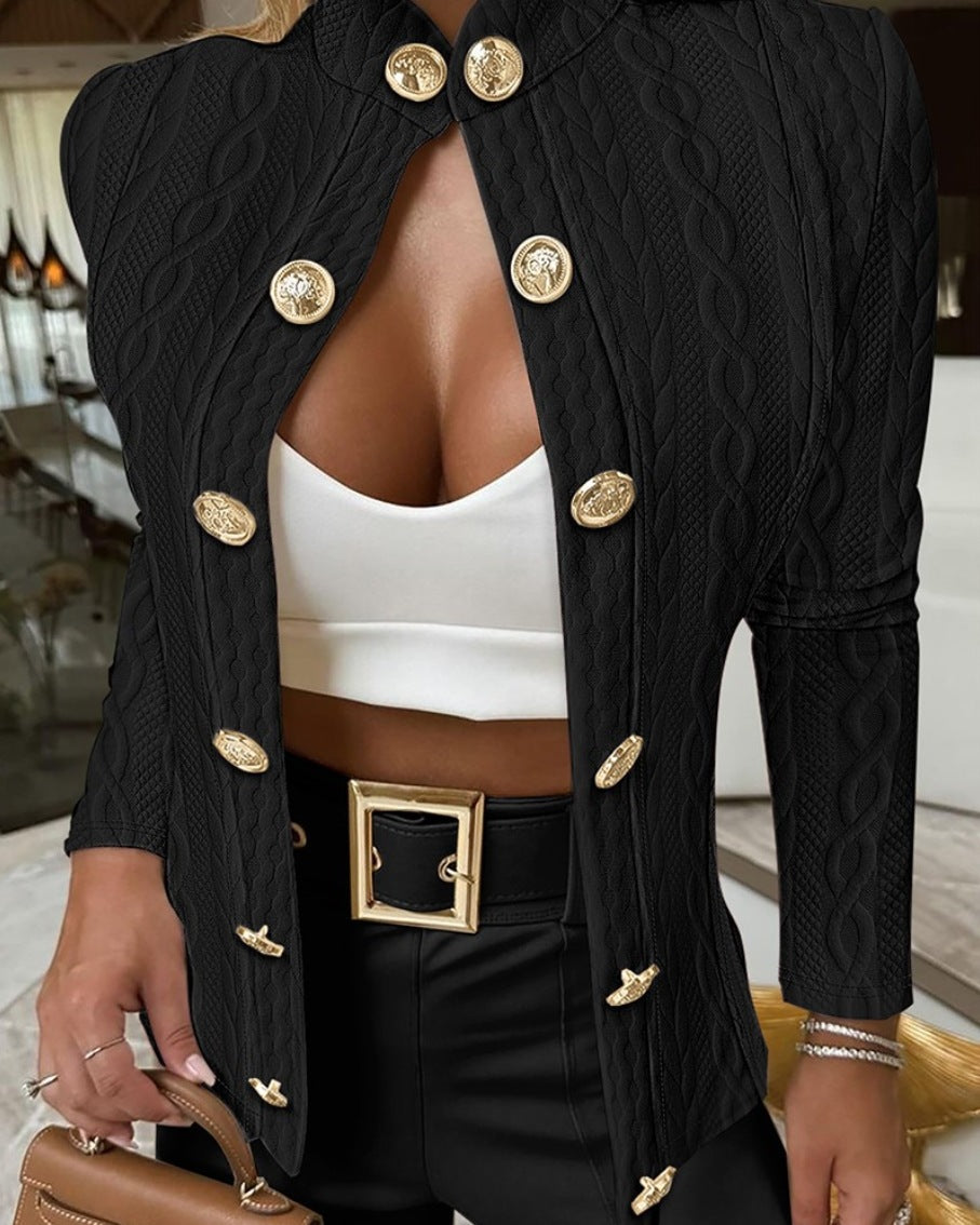 Damen Eleganter Strickblazer mit goldenen Knöpfen und Stehkragen EB