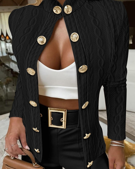 Damen Eleganter Strickblazer mit goldenen Knöpfen und Stehkragen EB