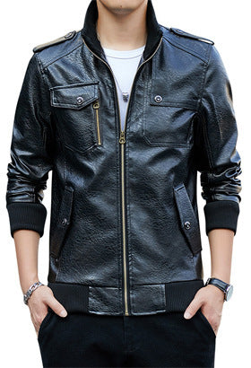Herren Kunstleder-Flightjacke mit Brust- und Reißverschlusstaschen, Stehkragen und Rippbündchen EB