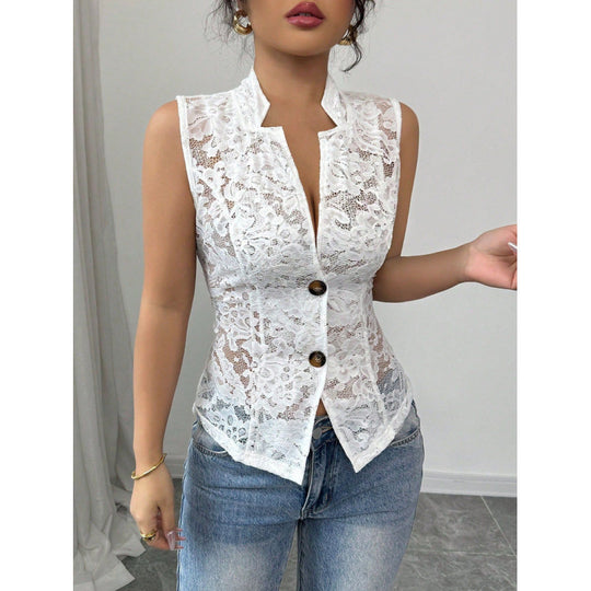 Damen Spitzenbluse im eleganten Schnitt mit Knopfdetails EB